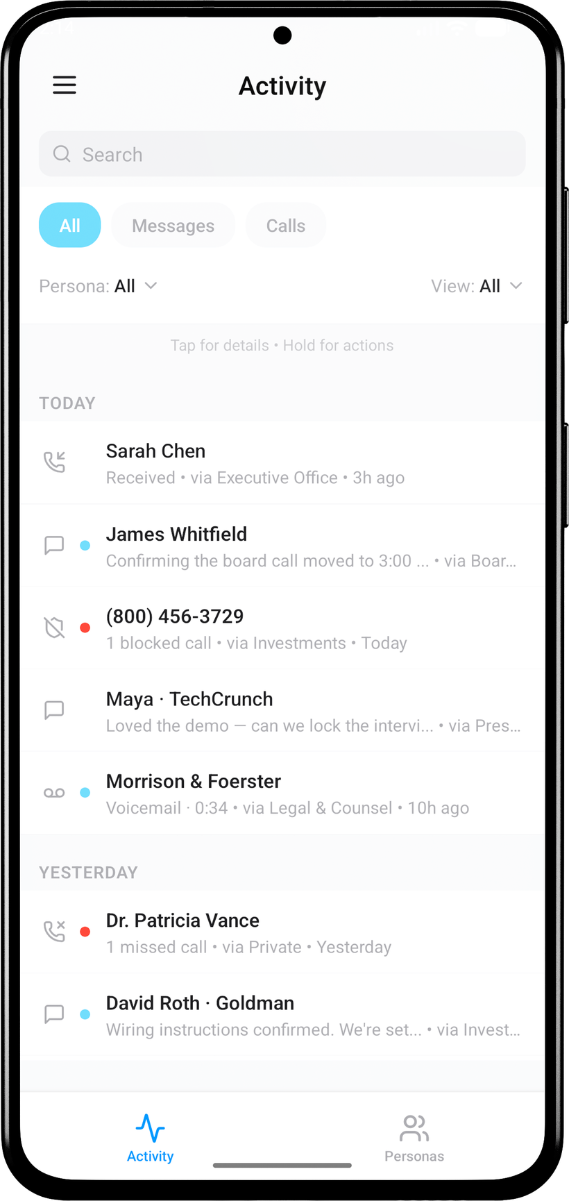 CloakID activity feed showing screened calls and messages