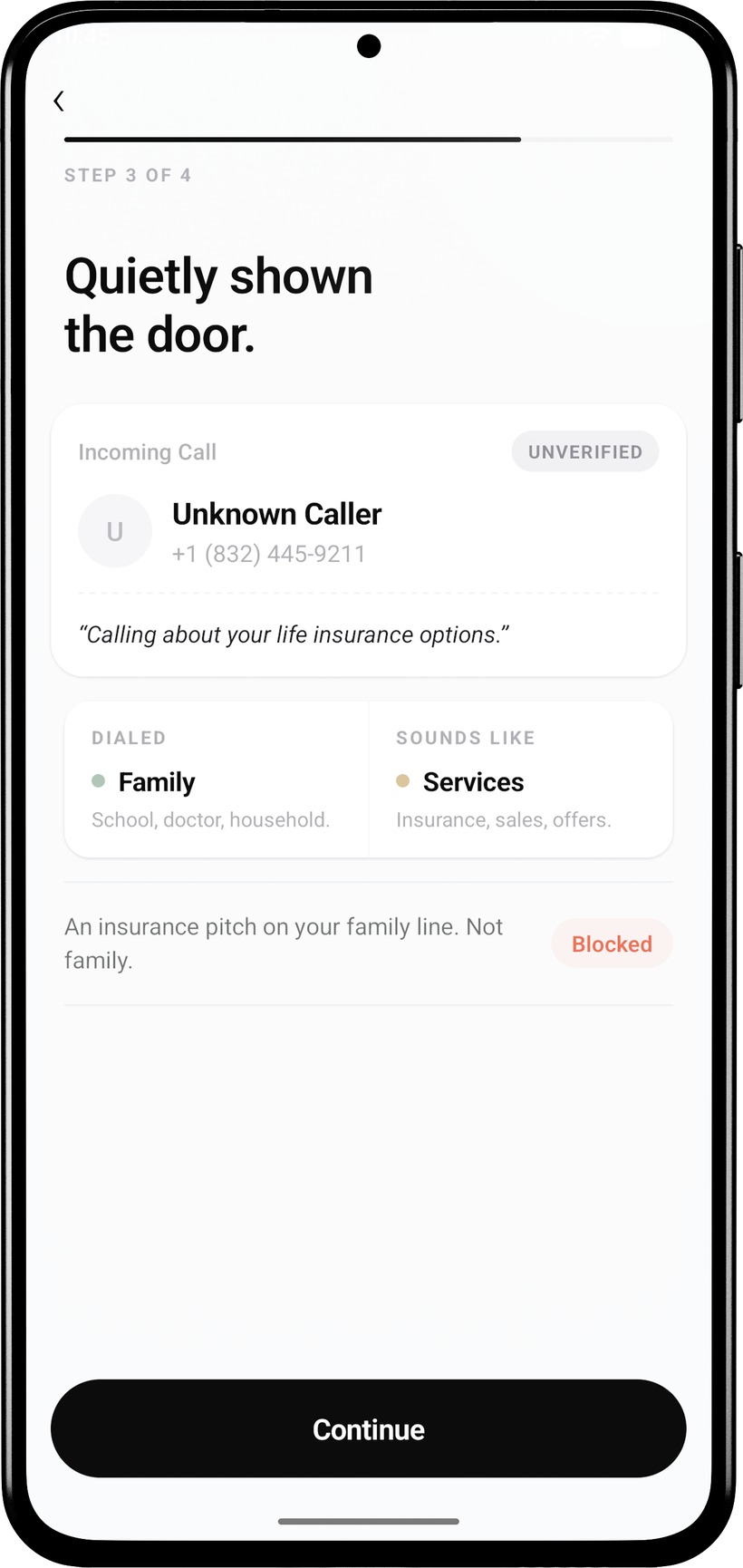 Spam call blocked by screening